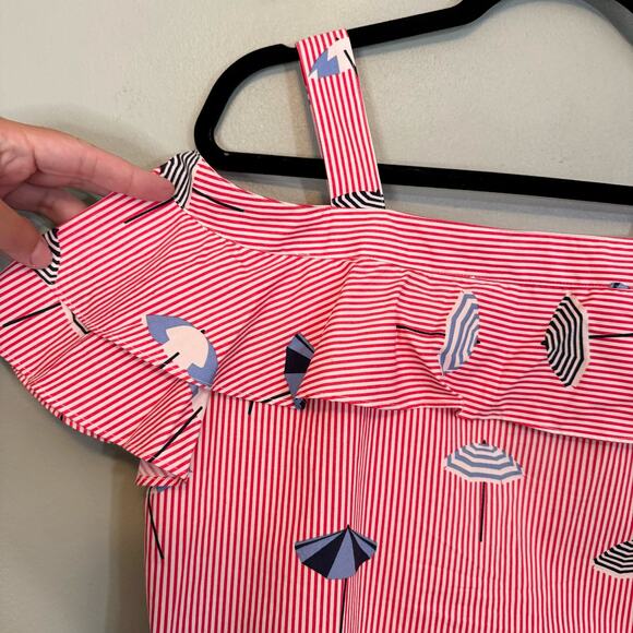 Draper James Top S Summer Umbrella Cotton Stripes Beach Ruffle Cold Shoulder Red - Picture 3 of 7